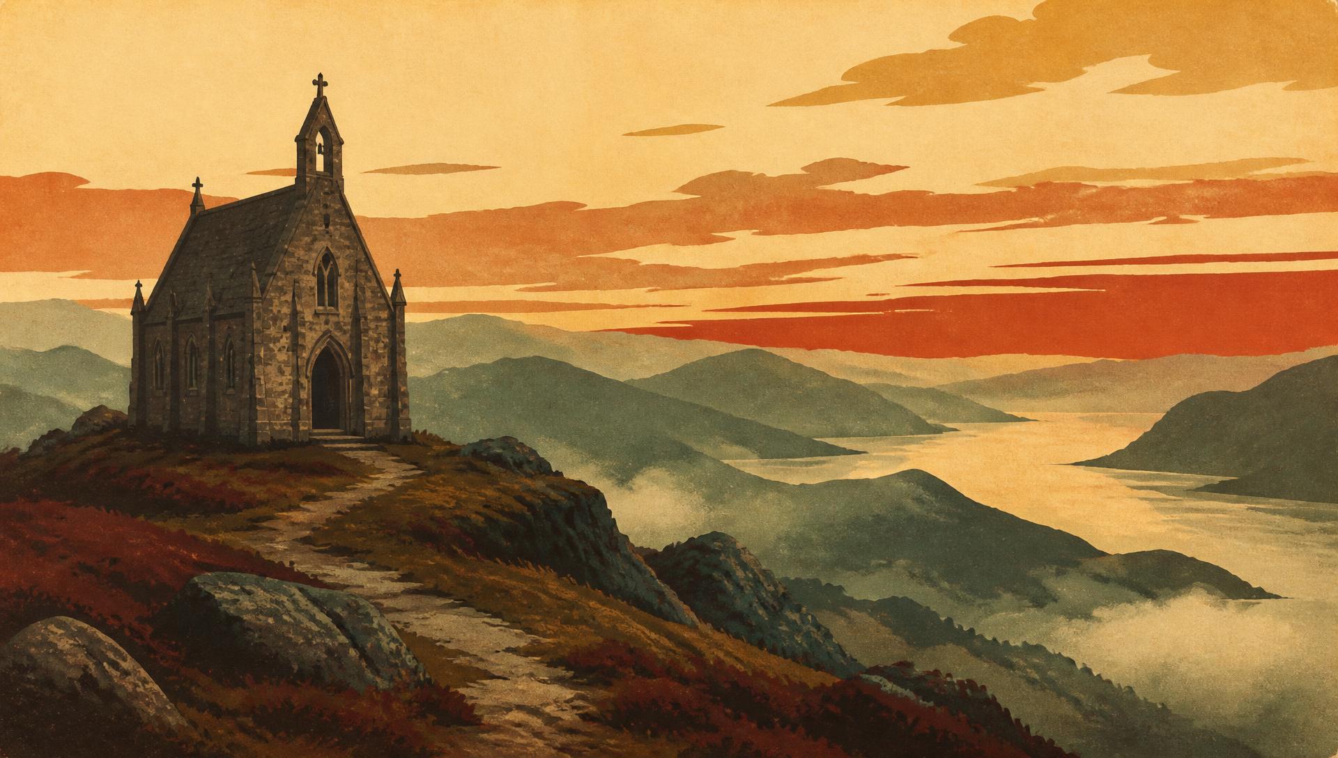 Vintage screenprint of a gothic chapel above a misty valley at dusk